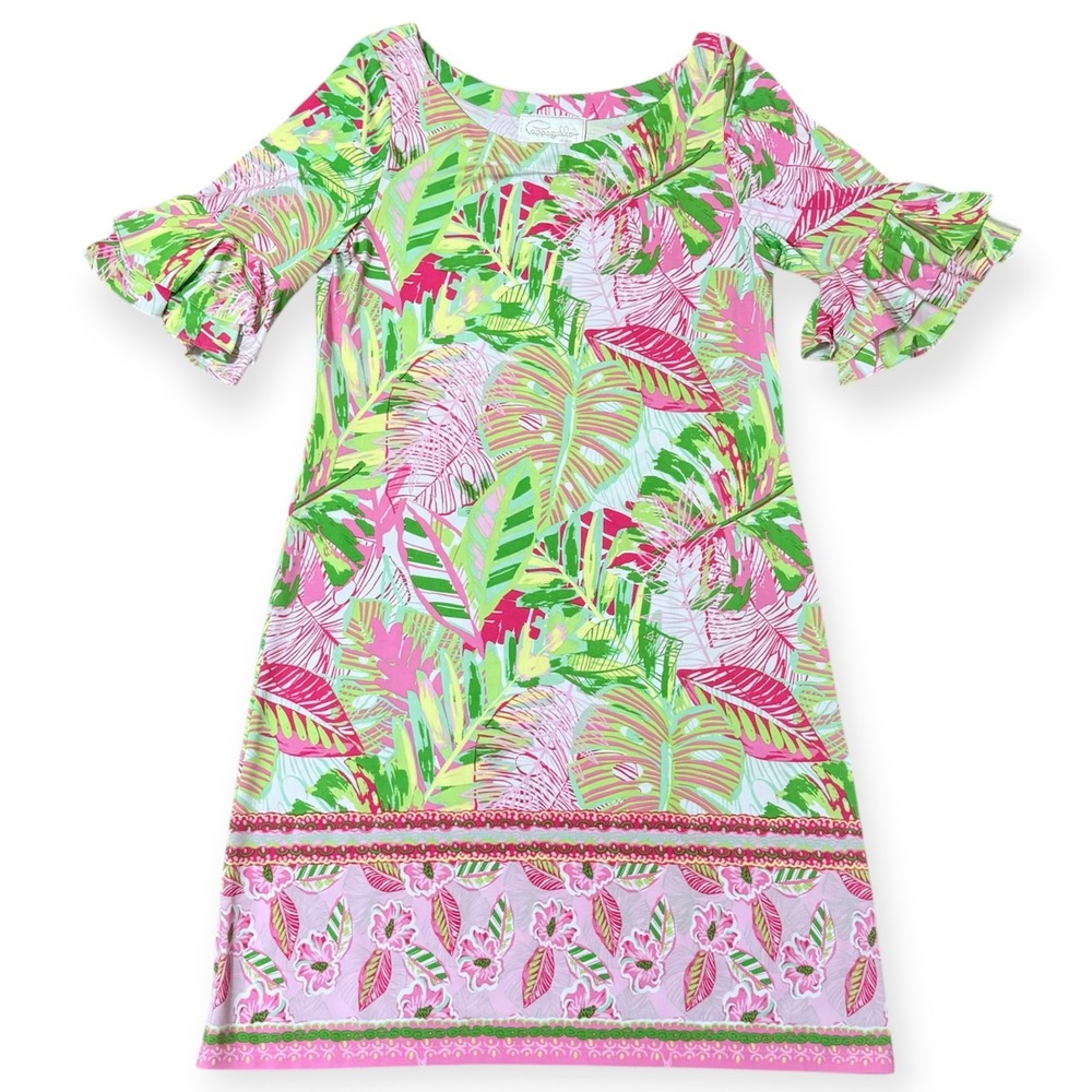 Pappagallo Erika Tropical Leaf Print Ruffle Flutter Sleeve Shift‎ Dress Medium